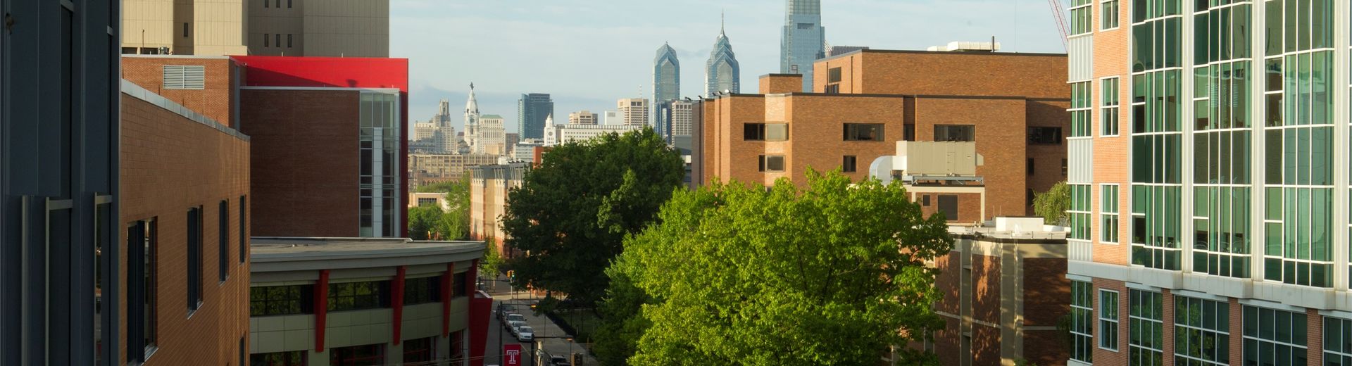 The Temple University campus at dawn with the Center City skyline in the background